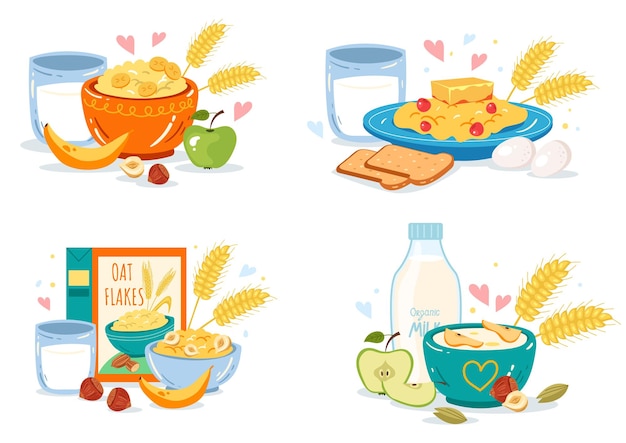 Getreidemilch, gesundes Haferflocken-Frühstück, isoliertes Set, flache Grafik-Design-Illustration