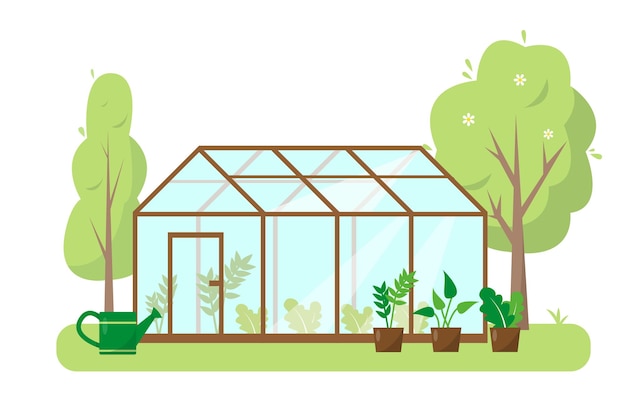 Vektor gewächshaus mit pflanzen und bäumen im garten. frühling oder sommer banner, konzept oder hintergrund.