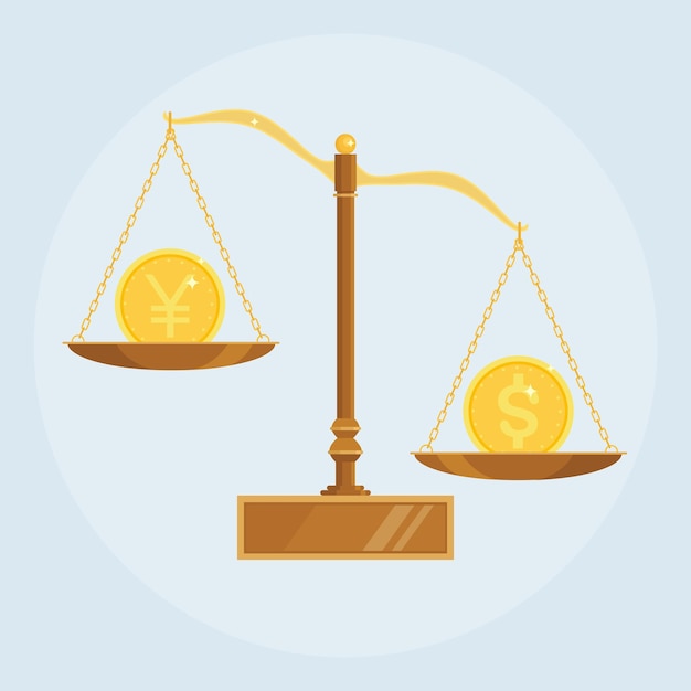 Gewichtsskala zum Vergleich des Wertes von Dollar und Yen, Yuan. Waage mit Geld