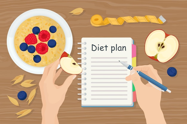 Gewichtsverlust banner mit brei, beere, apfel. mann, der diätplan in einem notizbuch erstellt. gesunde ernährung, diät