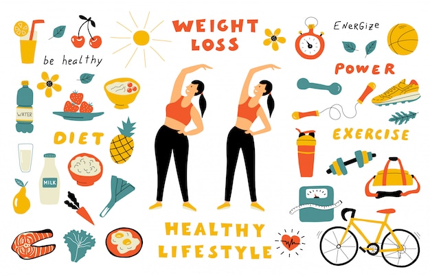 Vektor gewichtsverlust, gesundes essen, süßes doodle-set mit schriftzug. karikaturfrau vor und nach der diät. hand gezeichnete flache illustration.