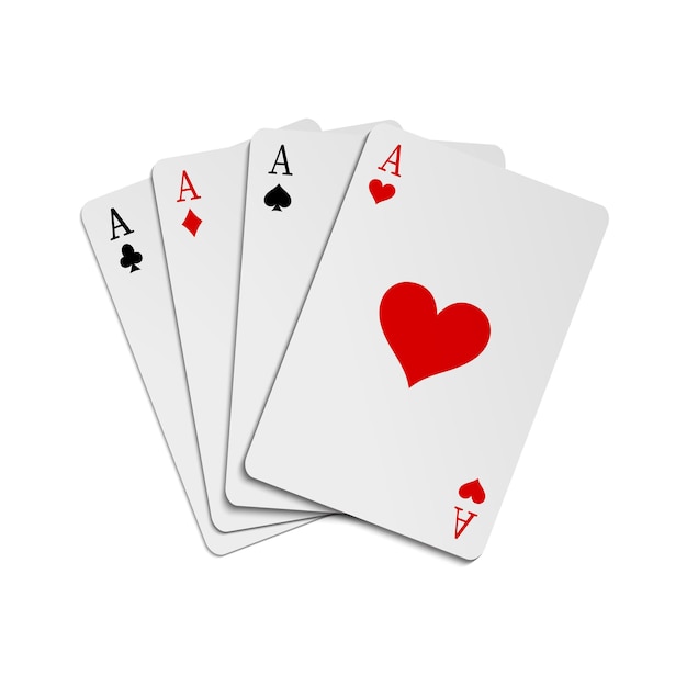 Gewinnende Schürhakenkombination von vier Spielkarten der Asse auf Weiß