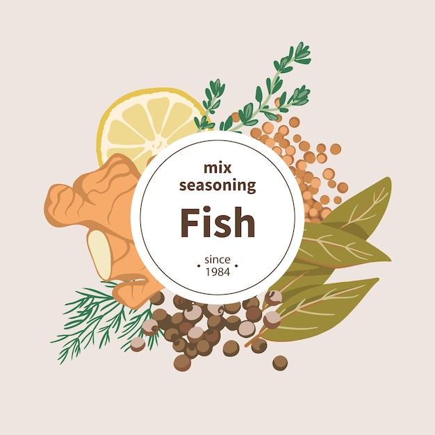 Gewürzabdeckungskonzept gewürze für fisch ingwer, lorbeerblatt, piment, thymian, zitrone, senf, dill.