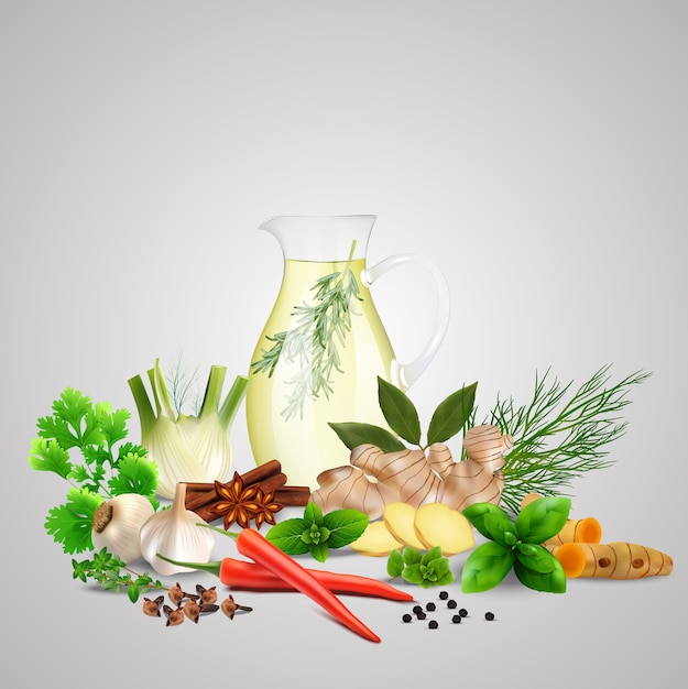Gewürze und Kräuter mit Glasteekanne