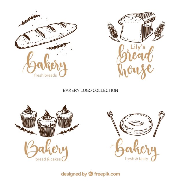 Vektor gezeichnete art der bäckereilogosammlung in der hand