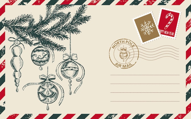 Vektor gezeichnete illustration der weihnachtspostpostkarte hand