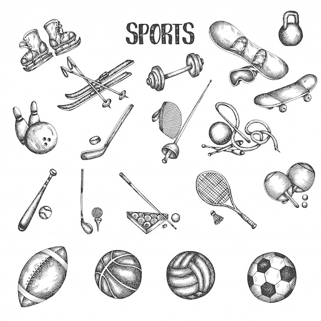 Gezeichnete vektorillustrationen der sportweinlese hand. sport und fitness doodle set.