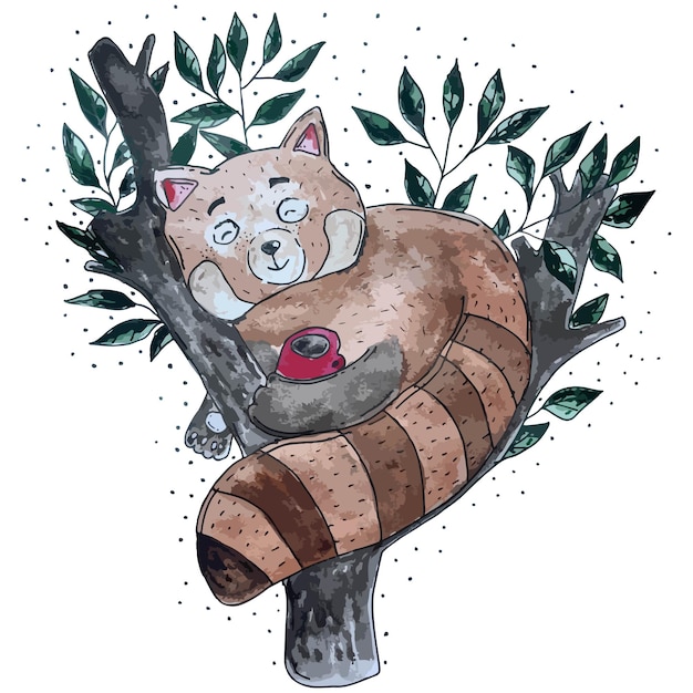 Gezeichneter Illustrationswaschbär des Aquarellvektors Hand auf einem Baum mit Blättern