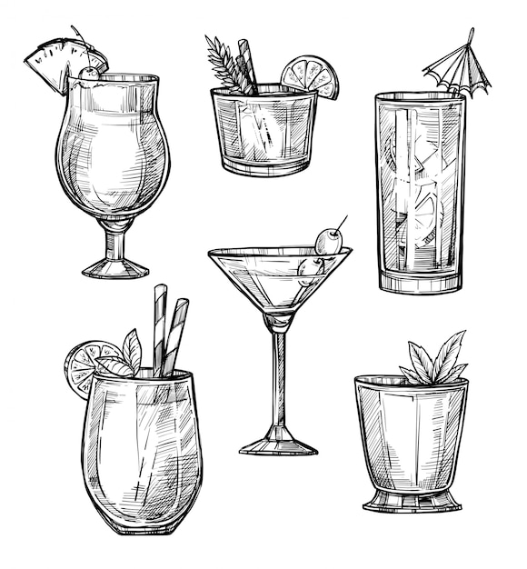 Gezeichneter Skizzensatz des alkoholischen Cocktails Hand