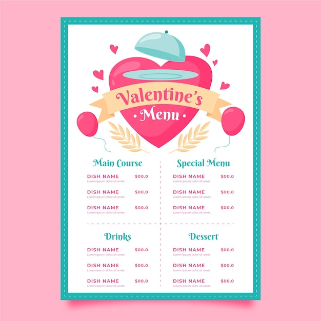 Gezeichnetes valentinstag-restaurantmenü