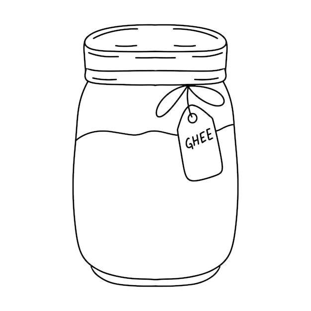 Ghee-butter traditionelle indische geklärte butter in einem glasgefäß handgezeichnete doodle-konturzeichnung