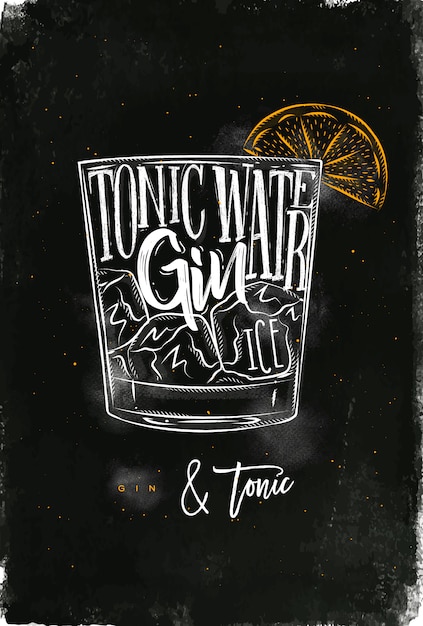 Vektor gin tonic cocktail schriftzug tonic wasser, gin, eis in vintage grafische zeichnung mit kreide und farbe auf tafel hintergrund