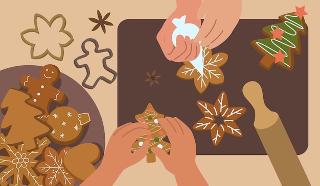 Vektor gingerbread kochen, top-view, gingerbrötchen machen und dekorieren, weihnachtsbäckerei
