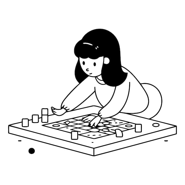 Vektor girl playing board game in doodle style