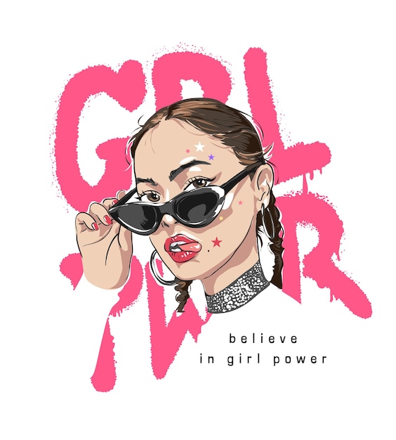Girl-power-sprühfarbe-slogan mit cartoon-mädchen in der sonnenbrillenillustration