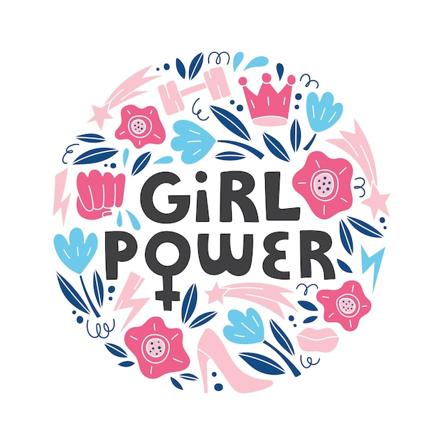 Girl power vektor handgezeichnete schriftzug mit weiblichen symbolen im doodle-stil feminismus-konzept