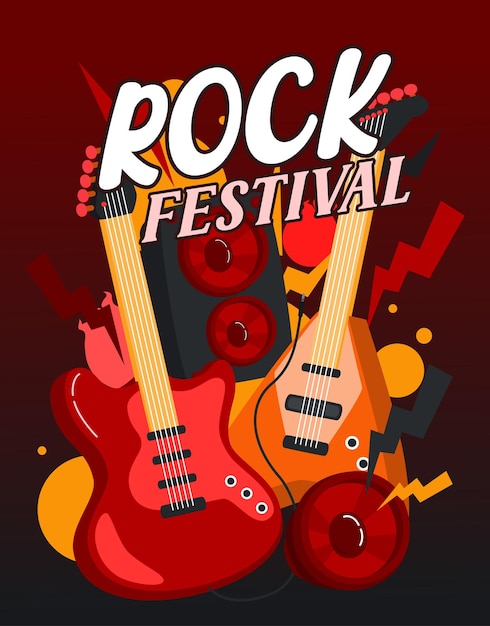 Gitarre, mit, lautsprecher, rockmusik, plakat, vektor, illustration