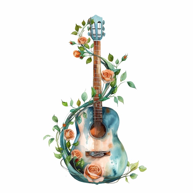 Gitarre umgeben von Rosen Aquarellfarben