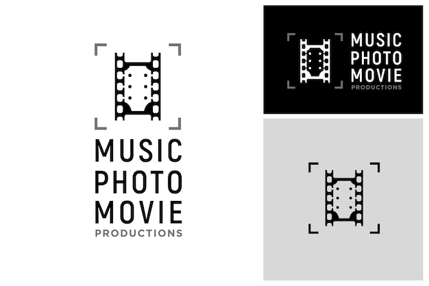 Vektor gitarren-kopfplatte, filmstreifen, kamera-fokus-linsenrahmen für film, kino, foto, fotografie, musik-logo