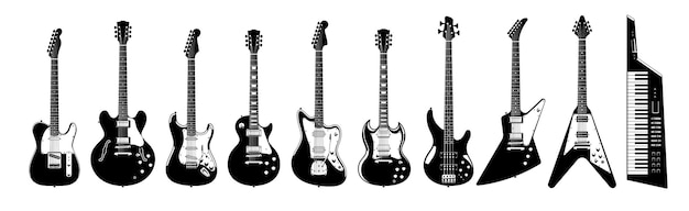 Gitarren-Set. Monochrome E-Gitarren auf weißem Hintergrund. Musikinstrumente. Vektor-Illustration. Sammlung