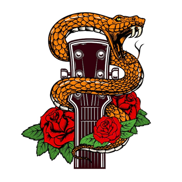 Gitarrenkopf mit schlange und rosen. element für plakat, karte, banner, emblem, t-shirt. illustration