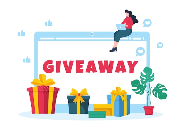 Giveaway-vorlage handgezeichnete cartoon-flachillustration mit gewinnen sie einen preis und geschenkbox-design