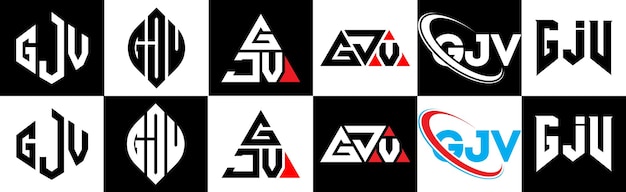 Gjv-buchstaben-logo-design in sechs stilen. gjv-polygon-kreis-dreieck-sechseck-flacher und einfacher stil mit schwarz-weißer farbvariation. buchstaben-logo auf einer zeichenfläche. gjv-minimalistisches und klassisches logo