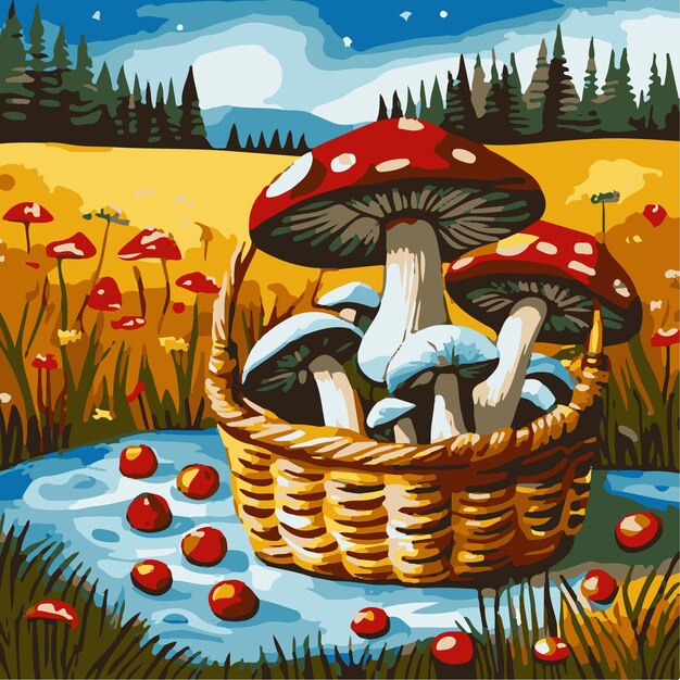 Glade mit Herbstpilzen in einem Korb süß fliegen Agaric im Wald Cartoon Vektor-Illustration