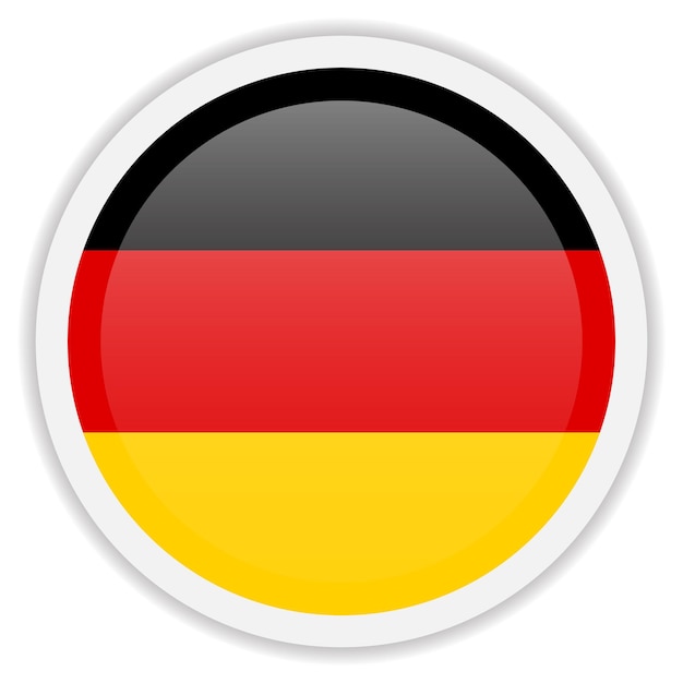 Glänzende deutsche Flagge auf weißem Hintergrund, rundes Vektor-Symbol mit Schatten darunter, am besten für mobile Apps, Benutzeroberfläche und Webdesign