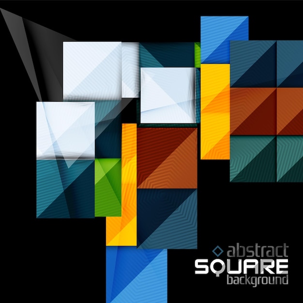 Glänzende Farbquadrate auf schwarzem geometrischem abstraktem Hintergrund