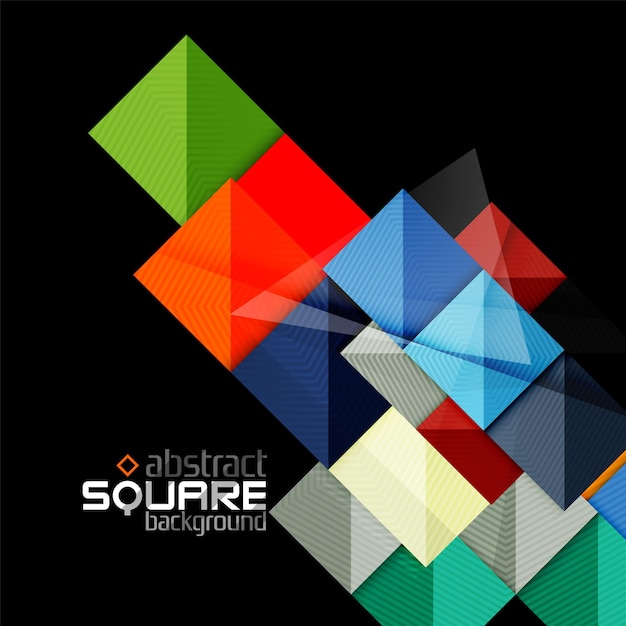 Glänzende Farbquadrate auf schwarzem geometrischem abstraktem Hintergrund