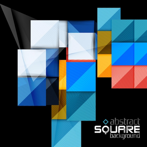 Glänzende Farbquadrate auf schwarzem geometrischem abstraktem Hintergrund