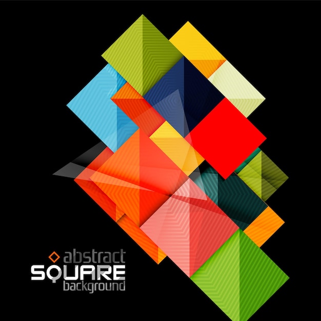 Glänzende Farbquadrate auf schwarzem geometrischem abstraktem Hintergrund