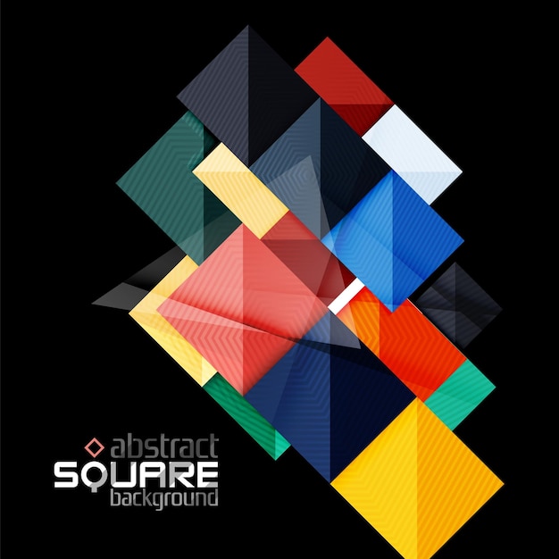Glänzende Farbquadrate auf schwarzem geometrischem abstraktem Hintergrund