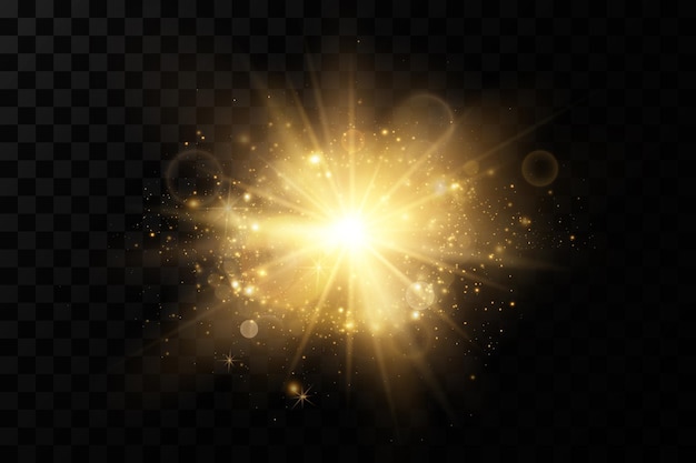 Glänzende goldene sterne auf schwarzem hintergrund isoliert effekte blendlinien glitzerexplosion