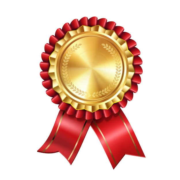 Glänzende, realistische, leere Goldmedaille mit roten Bandrosetten auf weißem Hintergrund. Symbol für Gewinner und Erfolge