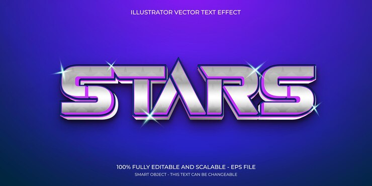 Vektor glänzende silber- und lila-sterne text-effekt vektor s metallische 3d-typographie illustration
