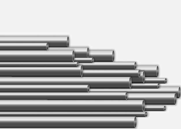 Glänzendes 3D-Stahlrohrdesign. Herstellungskonzept für industrielle Metallpipelines. Stahl- oder Aluminiumrohre mit verschiedenen Durchmessern isoliert auf weißem Hintergrund. Illustration ,.