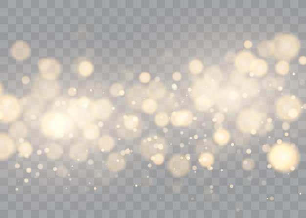 Glänzendes bokeh isoliert auf transparenten goldenen lichtern mit leuchtenden partikeln