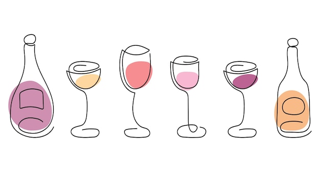 Gläser und Flaschen mit verschiedenen Weinsorten im modernen Thin-Line-Stil