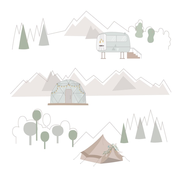 Glamping trailer caravan bubble house tipi zelt in wilder natur drei banner für web social media