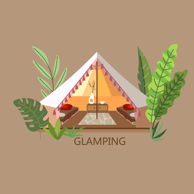 Glamping-vektorillustration schönes bild mit festzelt und tropischer flora