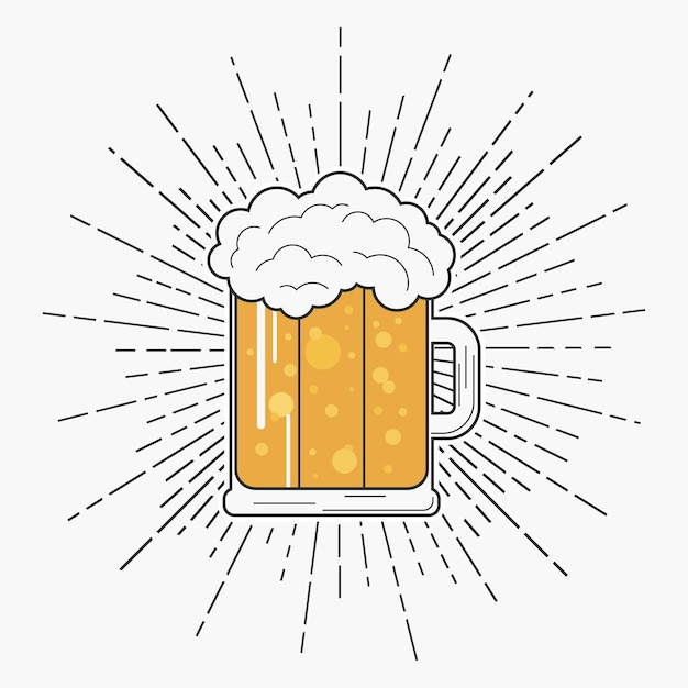Glas bier mit schaum und sunburst im hipster-stil typografie für t-shirt und logo-design