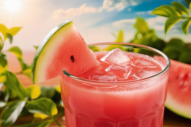 Glas frisch hergestellter Wassermelonensaft mit Kalk und Minze auf einem Holztisch im Freien, Platz für Text