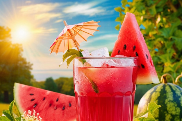 Glas frisch hergestellter Wassermelonensaft mit Kalk und Minze auf einem Holztisch im Freien, Platz für Text
