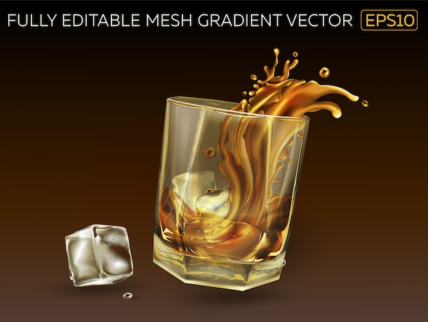 Vektor glas mit einem schuss whisky und eiswürfeln.