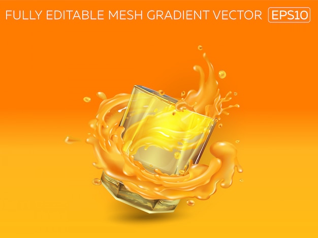 Glas mit einem Spritzer Saft auf einem orangefarbenen Hintergrund.