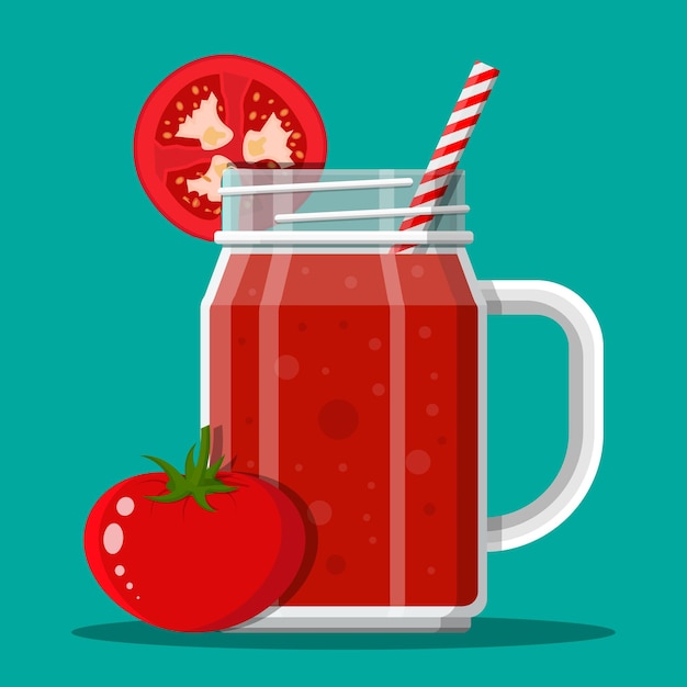 Vektor glas mit tomaten-smoothie mit gestreiftem strohhalm glas für cocktails mit griff tomate frisches gemüse vektor-illustration im flachen stil