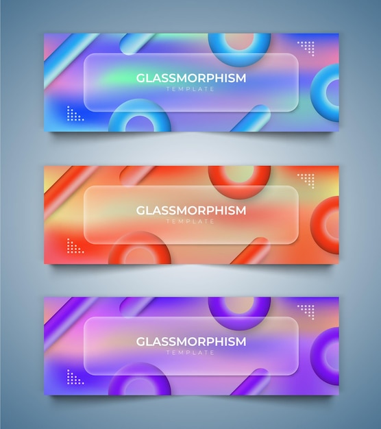 Vektor glas-morphismus-banner, bunte flüssigkeit, farbverlauf, hintergrund, vektorvorlage banner 3d-poster-set