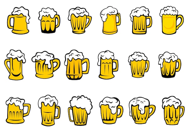 Glas- oder keramikbecher und krüge gefüllt mit goldenem hellem bier mit überquellenden schaumköpfen isoliert auf weißem hintergrund, für brauereiemblem oder bierparty-design